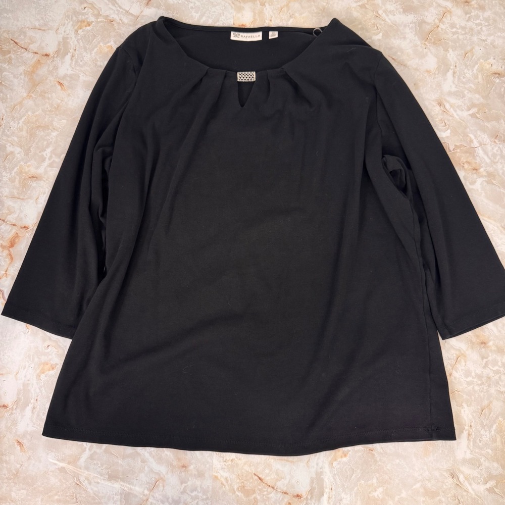 Rafaella Blouse Women 2X Black 3/4 Sleeve Cotton Pleated Neck Office Casual - Picture 1 of 9